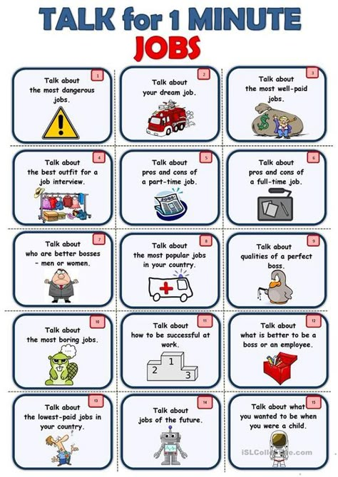 These printable conversation cards will help your students develop their speaking skills. Talk For 1 Minute, Jobs Activities For Kids, English Teacher Activities, English Topics For Speaking, Jobs In English, Talking Cards, Speaking Activities Esl, Speaking Activities English, Speaking Cards