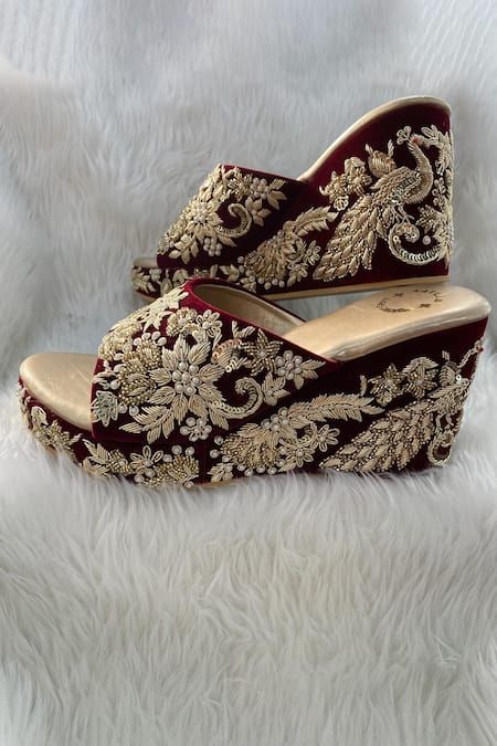 Buy Maroon Embroidered Floral Bead Embellished Wedges by Rajasthani Stuff Online at Aza Fashions. Bridal Sandal, Bridal Sandals Heels, Elegant Shoes Heels, Indian Wedding Shoes, Bridal Footwear, Bride Sandals, Indian Things, Sneaker Wedges, Fancy Sandals