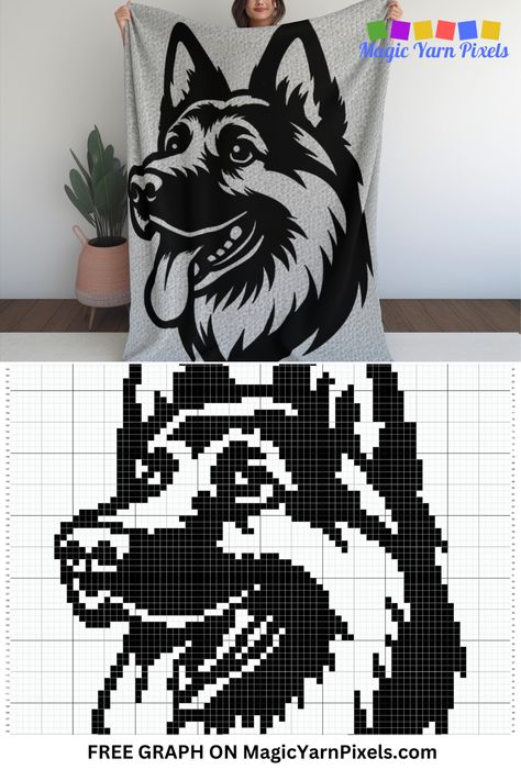 Create a beautiful  German Shepherd Afghan with this C2C crochet pattern. Give it as a gift or decoration in your living space. Download the free crochet graph from MagicYarnPixels. Written C2C and row-by-row patterns with multipage graph are also available. C2c Crochet Dog Pattern Free, Crochet Graphgan Patterns Free Charts, Graphagram Crochet, Free Graphgan Patterns Crochet, Crochet C2c Pattern Free, C2c Crochet Pattern Free Charts, Pixel Crochet Pattern Free, Crochet Graphgan Patterns, C2c Graphgan Charts Free