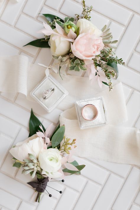 Romantic pink blush and white ranunculus boutonnière Pink And White Wrist Corsage, Blush And White Corsage, White And Pink Boutonniere, Blush Ranunculus Boutonniere, Blush Wrist Corsage, Ranunculus Corsage, Blush Corsage, Wearable Florals, Blush Boutonniere