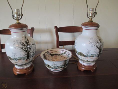 BOB TIMBERLAKE TABLE LAMPS + BOWL IN THE LATE SNOW IN RIVERWOOD PATTERN | #1855030352 Bob Timberlake, A Cabin, Winter Scene, Winter Scenes, Table Lamps, Vintage Decor, Decorative Jars, Lamps, Table Lamp