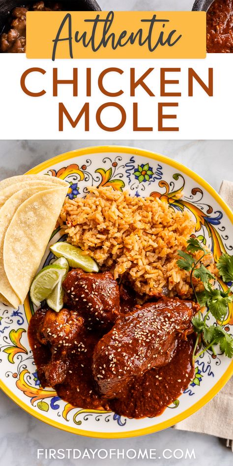 Chicken mole plate served with Mexican rice and corn tortillas with text overlay reading "Authentic Chicken Mole"