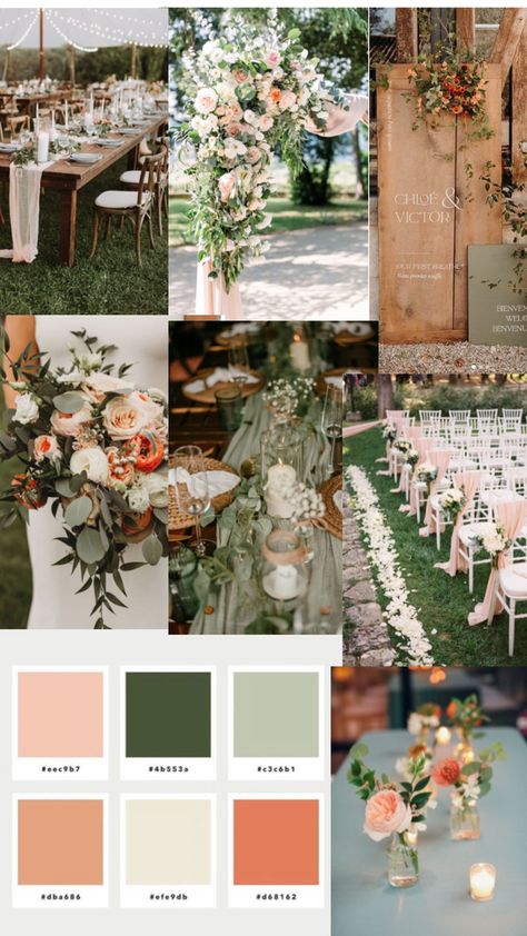 Blush Pink Wedding Theme Color Schemes, Hunter Green And Peach Wedding, Peach Palette Wedding, Forest Green And Coral Wedding, Pistachio Wedding Colors, Sage And Salmon Wedding, Spring Wedding Green Colour Palettes, Peach And Forest Green Wedding, Fall Wedding Spring Colors