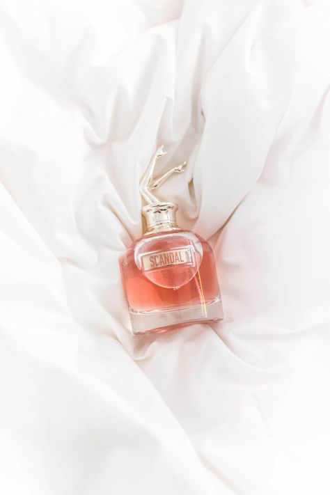 Scandal Perfume Aesthetic, Scandal Perfume, Jean Paul Gaultier Scandal, White Tip Nails, Luxury Perfumes, Perfume Photography, Pink Perfume, Sydney Sweeney, White Tip