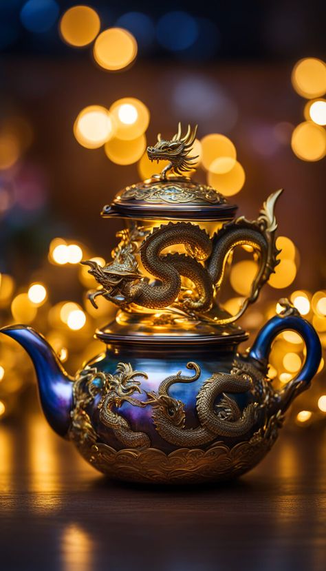 Beautiful iridescent teapot shaped like an Asian dragon  - AI creation Chinese Tea Pot, Chinese Dragon Art, Glass Apple, Blue Teapot, Asian Dragon, Apple Art, Chinese Tea, Chinese Dragon, Dragon Art