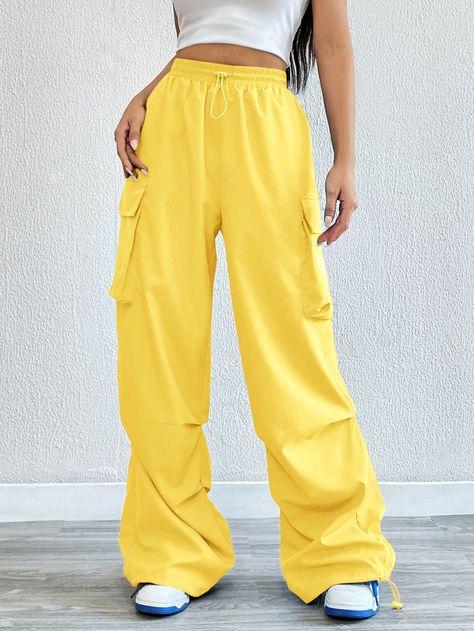 Women's Fall Basic Flap Pocket Side Drawstring Waist Cargo Yellow Pants Yellow Casual   Woven Fabric Plain Cargo Pants Non-Stretch  Women Clothing, size features are:Bust: ,Length: ,Sleeve Length: Yellow Cargo Pants Outfit, Yellow Cargo Pants, Sports Sweatpants, Yellow Clothes, Cargo Pants Outfit, Yellow Pants, Street Style Trends, Elegant Dresses Long, Womens Tie