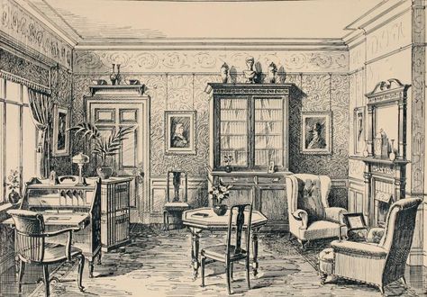 Edwardian Library Room, Victorian Morning Room, Edwardian Architecture Interior Design, Drawing Room Aesthetic, 1920 Room Decor, Edwardian Sitting Room, Vintage Room Drawing, 1900 Interior Design, Edwardian Drawing Room