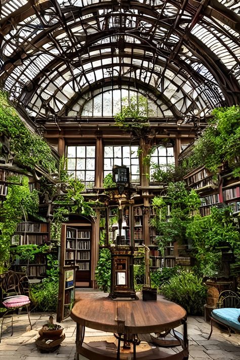 Hogwarts Greenhouse Aesthetic, Greenhouse Library Aesthetic, Greenhouse Bookstore, Ornate Greenhouse, Solarium Library, Green House Library, Greenhouse Addition To House, Tropical Library, Conservatory Aesthetic