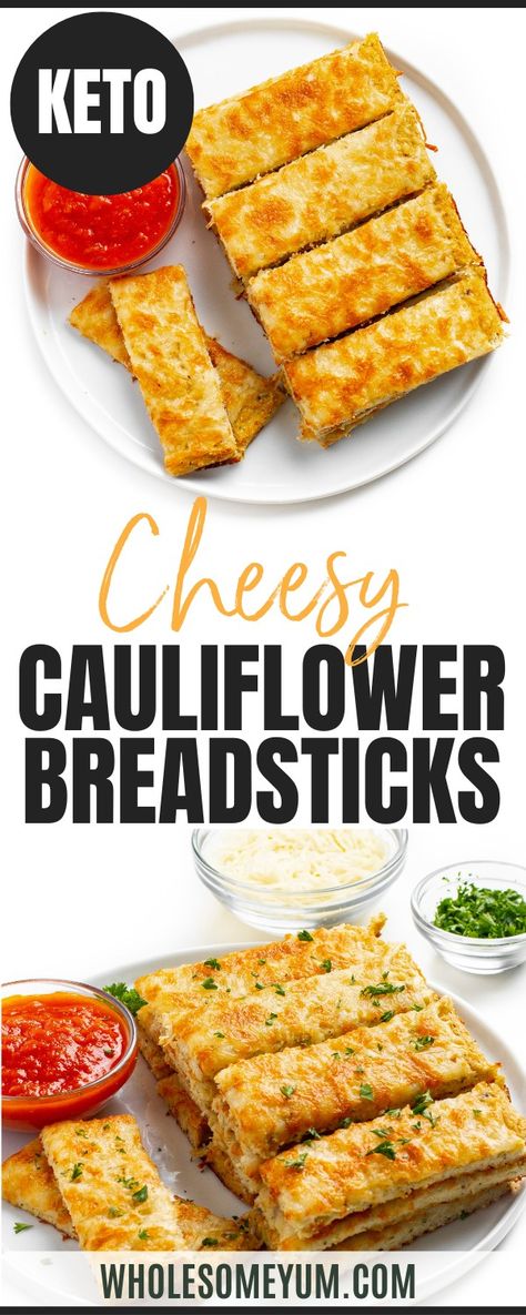 Cauliflower Breadsticks Best Cauliflower Recipes, Best Cauliflower Recipe, Cauliflower Breadsticks, Low Carb Holiday Recipes, Breadsticks Recipe, Cheese Cauliflower, Keto Holiday Recipes, Keto Bread Recipes, Wholesome Yum