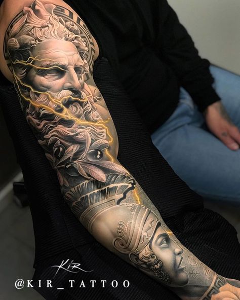 Poseidon & Achilles sculpture sleeve by Kir Tattoo, an artist based in Stockholm, Sweden. Greek God Tattoo, Poseidon Tattoo, Zeus Tattoo, Greek Mythology Tattoos, Men Tattoos Arm Sleeve, God Tattoos, Mythology Tattoos, Greek Tattoos, Instagram Tattoo