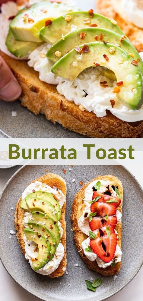 Burrata Toast is perfect for snacking or breakfast! If you're craving savory make the avocado toast version and if you're in the mood for sweet the strawberry toast will hit the spot! #burrata #toast #avocadotoast #strawberries #burratatoast #breakfast #snacks Burrata Toast, Strawberry Toast, Fancy Toast, Burrata Cheese, Best Breakfast Recipes, No Dairy Recipes, Breakfast Snacks, Savory Breakfast, Best Dinner Recipes