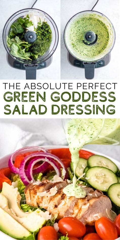 If you like herby, creamy dressing, this Green Goddess recipe is PERFECT for you! This greek yogurt dressing recipe is incredibly flavorful with tons of fresh herbs like cilantro, basil, dill, and chives. It's perfect on a salad with chicken, works great as a dip for veggies, and will stay fresh all week in the fridge for lunches! Easy Healthy Salad Recipes Work Lunches, Simple Salad Dressings, Salad With Dill Dressing, Greek Goddess Salad Dressing, Greek Goddess Dressing Recipe, Fresh Herb Salad Dressing, Green Dressing For Salad, Green Goddess Dressing Recipe Healthy, Recipes With Dill Herb