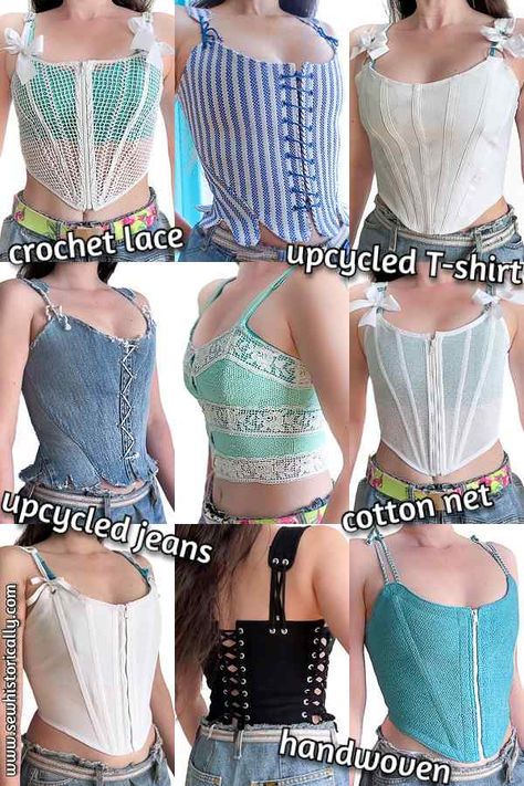 7 DIY Corset Top Tutorials - Upcycled Jeans, Stretch & Crochet Lace - Sew Historically Diy Lace Tank Top, Diy Corset Top Pattern, Corset Top Diy, Jeans Diy Upcycle, Diy Corset Top, Corset Top Pattern, Corset Diy, Corset Tutorial, Straight Stitch Sewing