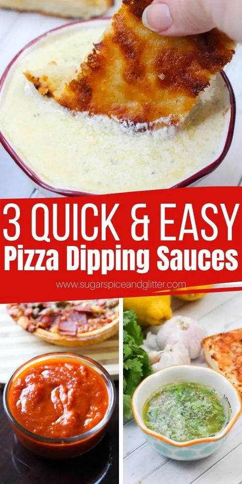 Upgrade Your Pizza Night with these 3 Easy & Quick Pizza Dipping Sauces. Homemade Spicy Marinara Dip, Creamy Garlic Parmesan Dip and Buttery Herb Dipping Sauce - all of these recipes take less than a minute each! Garlic Parmesan Dip, Marinara Dip, Pizza Dipping Sauce, Tomato Dipping Sauce, Pizza Dip Recipes, Parmesan Dip, Easy Dipping Sauce, Parmesan Pizza, Spicy Pizza