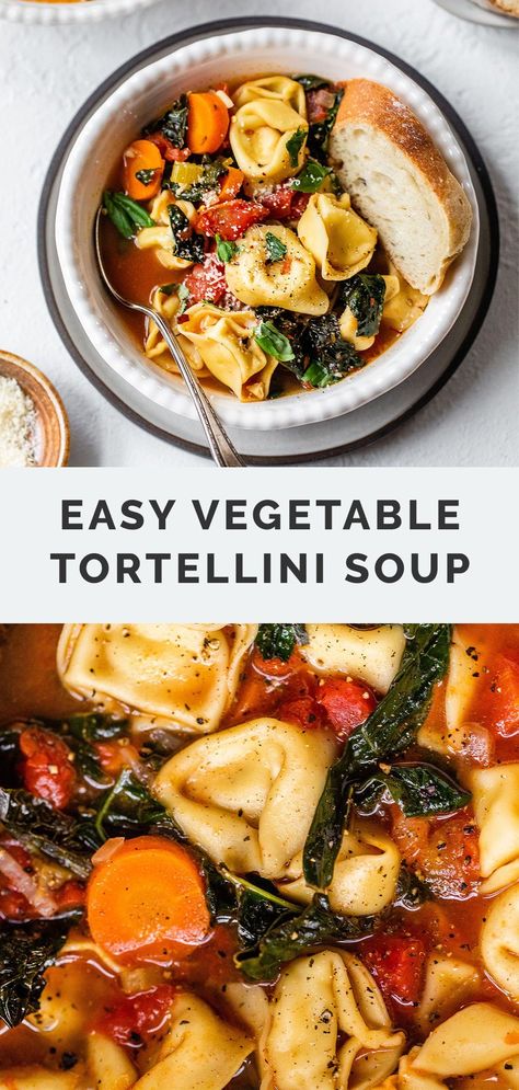 This Easy Vegetable Tortellini Soup recipe is a delicious healthy dinner idea for the weeknights. Ready in under 45 minutes, and great for freezing leftovers for later. Vegetarian recipe with plenty of ways to customize the veggies and seasoning. Tortellini Soup Easy, Vegetable Tortellini Soup, Vegetable Tortellini, Diet Soups, Vegan Tortellini, Dinner Soup Recipes, Healthy Soup Vegetarian, Cheese Tortellini Soup, Delicious Chili Recipe