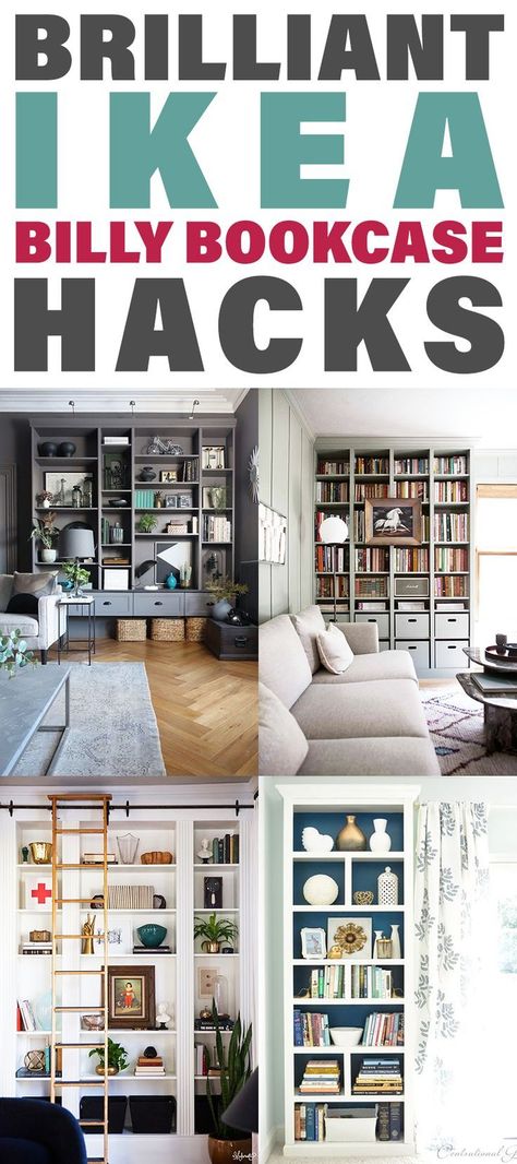 Brilliant IKEA Billy Bookcase Hacks that will add the perfect touch to your home decor. These budget friendly, cost effective hacks will turn a simple bookshelf into a piece that looks like it came out of the New York Library. So if you want a great expensive look on the cheap... try one of these IKEA Hacks that will amaze. #IKEAHacks #BillyBookcaseIKEAHacs #IKEABillyBookcaseHacks #HomeDecorIKEAHacks #IKEA #Hacks #HomeDecorHacks Ikea Hack Bookcase, Diy Kallax, Ikea Hack Living Room, Book Storage Ideas, Wall Storage Diy, Ikea Hack Bedroom, Ikea Hack Kids, Billy Ikea, Closet Ikea