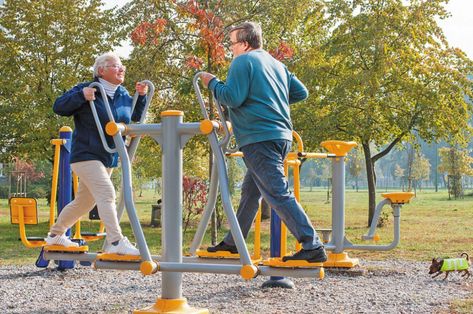 Playgrounds For The Elderly Boost Activity And Decrease Loneliness People Activity, Park Activities, Photo Glamour, Fitness Park, Adult Playground, Recumbent Bicycle, Elderly Activities, Outdoor Fitness Equipment, Outdoor Park