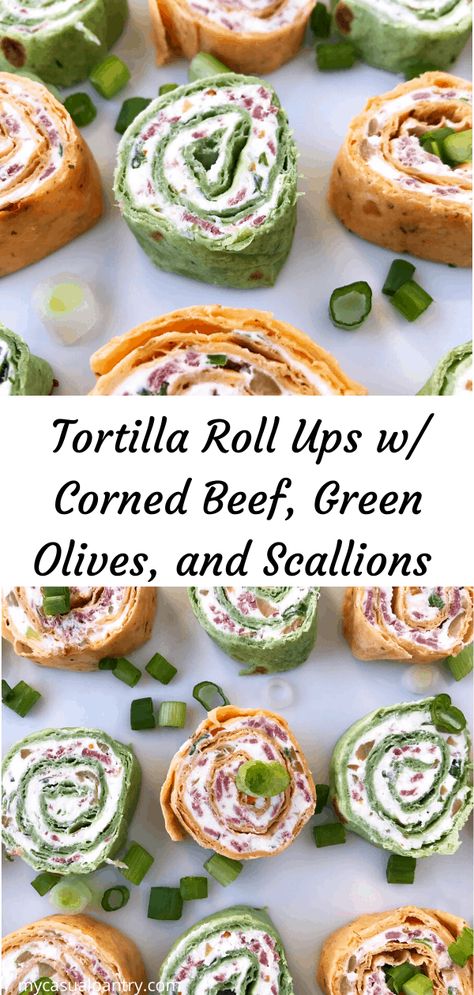 Tortilla Roll-Ups with Corned Beef, Green Olives, and Scallions - a delicious, make-ahead appetizer perfect for any party.  Spinach and sun-dried tomato tortillas add festive color and make these roll-ups ideal for Christmas. | mycasualpantry.com #appetizers #snacks Spinach Tortilla Wraps, Tortilla Pinwheels Recipe, Beef Roll Ups, Beef Olives, Beef Appetizers, Italian Recipes Appetizers, Spinach Tortilla, Halloween Food Appetizers, Tortilla Rolls