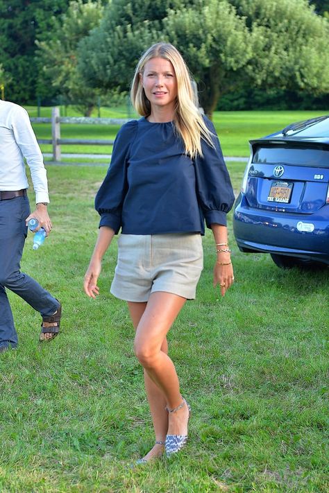 Gwyneth Paltrow Wearing a Black Blouse and Shorts Stella Mccartney Platform, Gwyneth Paltrow Style, 90s Slip Dress, Utility Romper, Military Jacket Green, Alicia Vikander, Grey Turtleneck, Color Block Cardigan, Karlie Kloss