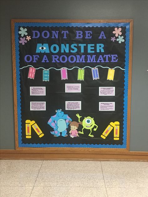 Monsters Inc Ra Bulletin Board, Dorm Hall Bulletin Boards, Ra Bulletin Boards Roommate Conflict, Coco Bulletin Board Ideas, Monsters University Ra Theme, Roommate Bulletin Board Ra, Monsters Inc Ra Theme, Monsters University Bulletin Board, Monster Inc Bulletin Board