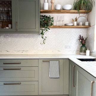 Kitchen Full Tiles Kitchen, How To Make A Small Kitchen Look Bigger, Diy Kitchens Uk, Sage Green House Interior Aesthetic, Make Kitchen Look Bigger, Howdens Kitchen, Port Austin, Sage Kitchen, Austin House