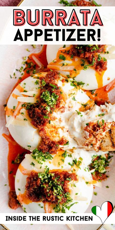 Best Burrata Appetizer, Burrata Caprese Appetizer, Burrata Appetizer Recipes, How To Serve Burrata, Buttata Cheese, Appetizer Recipes With Burrata Cheese, Barata Cheese Appetizers, Recipes With Baratta, Halloween Burrata