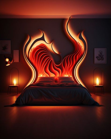 Romantic Wallpaper For Bedroom, Fire Room Aesthetic, Fire Themed Bedroom, Moody Eclectic Bedroom, Dark Fantasy Bedroom, Romantic Gothic Home Decor, Witchcore Bedroom, Cyberpunk Bedroom, Bedroom Forest