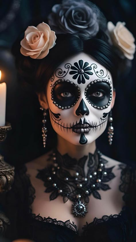 Makijaż Sugar Skull, Catrina Costume, Halloween Makeup Sugar Skull, Sugar Skull Artwork, Creepy Halloween Makeup, Halloween Makeup Diy, Den Mrtvých, Sugar Skull Makeup, Amazing Halloween Makeup