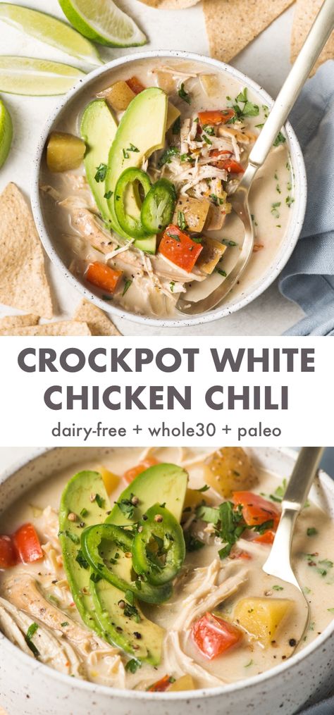 Paleo White Chicken Chili, Crockpot Dairy Free, Chili Paleo, Paleo Crockpot Recipes, White Chicken Chili Slow Cooker, Chicken Chili Crockpot, Crockpot White Chicken Chili, Paleo Soup, White Chili Chicken Recipe