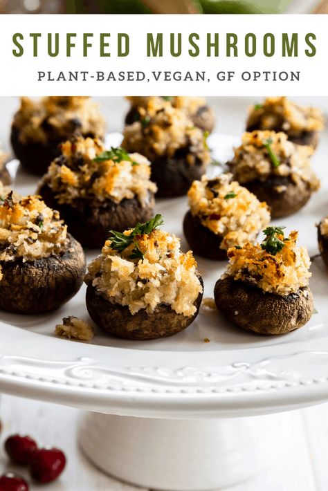 I love this Vegan Stuffed Mushroom recipe. Mushrooms make the perfect little containers to stuff with delicious, garlicky, crispy stuffing. You have the mushrooms' earthy flavor, a little heat (not too much) from the crushed red pepper and garlic, the freshness from the parsley, mixed with the crunch from the panko, and you have an absolutely wonderful appetizer, side dish, or "just-because" dish. Plus this recipe is completely Plant-Based and Vegan. #stuffedmushrooms #vegan #plantbased #... Gluten Free Dairy Free Stuffed Mushrooms, Plant Based Stuffed Mushrooms, Whole 30 Stuffed Mushrooms, Stuffed Portabella Mushrooms Vegan, Vegan Cremini Mushroom Recipes, Gf Stuffed Mushrooms, Sweet Potato Mushroom Recipe, Dairy Free Stuffed Mushrooms, Vegan Hors D’oeuvres