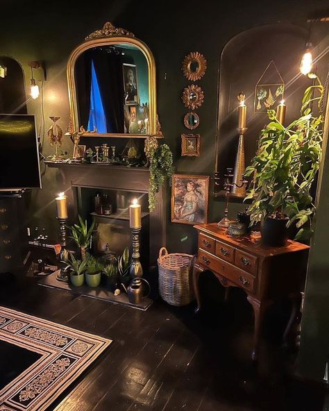 Goth Aesthetic House Decor, Gothic Themed Living Room, Swamp Witch Aesthetic Home, Goth Hair Salon Decor, Cottage Goth Living Room, Whimsical Gothic Living Room, Romantic Goth Aesthetic Home, Dark Botanical Aesthetic Room, Moody Corner Decor