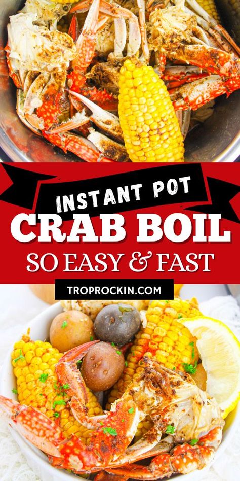 Looking for delish Instant Pot Recipes? This crab boil with corn, potatoes, onion, garlic and old bay seasoning comes to gether iquick and easy. This is one of my all time favorite instant pot recipes! Low Country Boil Instant Pot, Crab Boil Instant Pot, Instant Pot Snow Crab Legs Recipes, Instant Pot Seafood Boil, Crab Steam Pot Recipe, Instant Pot Crab Legs Recipes, Crab Legs In Instant Pot, Seafood Boil Instant Pot, Easy Crab Boil Recipe