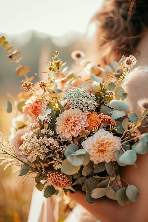 Make your wedding unforgettable with a stunning eucalyptus bouquet. Choose from 38 breathtaking options. #UnforgettableWedding #StunningBouquets Draped Wedding Bouquet, Dahlia Eucalyptus Bouquet, Wedding Flowers With Dahlias, Cafe Au Lait Dahlia Bridal Bouquet, Wildflower Wedding Boutonniere, Boho Fall Wedding Bouquet, June Wedding Bouquet, Amaranthus Bouquet, Fall Wildflower Bouquet