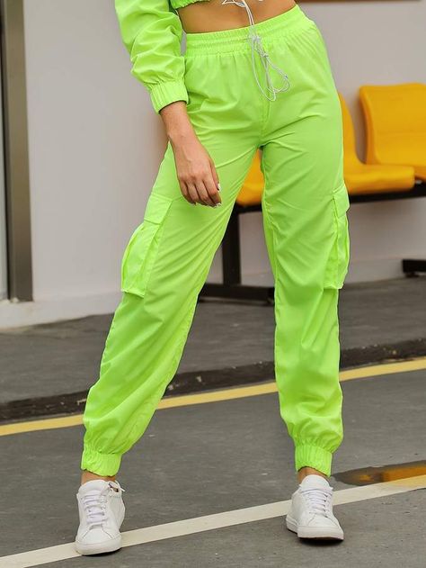 Shein Double Crazy Neon Green Cargo Pants Pink Cargo Pants, Tactical Cargo Pants, Neon Outfits, Casual Cargo Pants, Green Cargo Pants, Polyester Pants, Green Pants, Cargo Pants Women, Type Of Pants