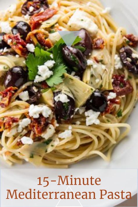 This pasta recipe about quick and easy! As in, open some jars, boil some pasta, and stir it all together – seriously, it doesn’t get any easier than this 15-minute Mediterranean pasta with olives, artichoke hearts, sun-dried tomatoes, and feta. Pasta With Sundried Tomatoes And Artichokes, Essen, Feta Olive Pasta, Pasta Salad With Sun Dried Tomatoes Feta, Artichoke Jar Recipes, Mediterranean Pasta Recipe, Medeteranian Pasta Recipes, Greek Pasta Recipes Dinners, Sundried Tomato Artichoke Pasta