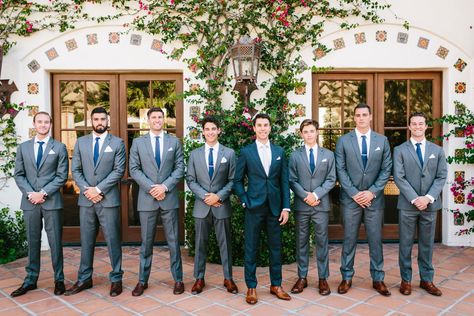 Wedding Party Photos Grey Suits, Navy And Grey Groomsmen, Grey Suit Blue Tie, Dark Grey Groomsmen, Blue Groomsmen Attire, Navy Blue Groomsmen, Navy Blue Groom, Blue Groomsmen Suits, Groom Blue Suit