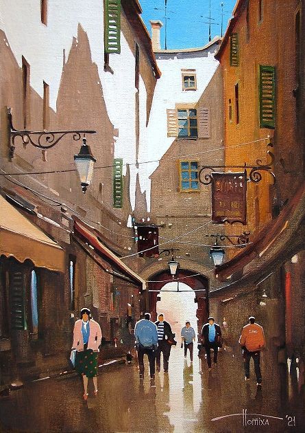 France. Hyeres. Noon, 2021 Size 30 x 21 cm. Potikha Sergey. Oil painting on canvas, glued on hardboard. Old Italian Aesthetic, Acrylic Architecture, Mediterranean Paintings, Cityscape Paintings, Poster Color Painting, Italian Aesthetic, Street Painting, City Painting, Watercolor Paintings Easy