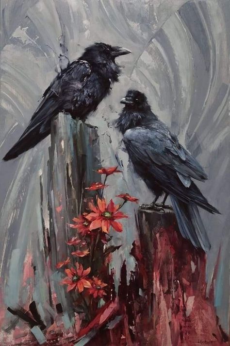 Raven Oil Painting, Lindsey Kustusch, Black Background Painting, Crow Painting, Crow Art, Black Birds, Vintage Inspired Art, Inspiration Painting, Raven Art