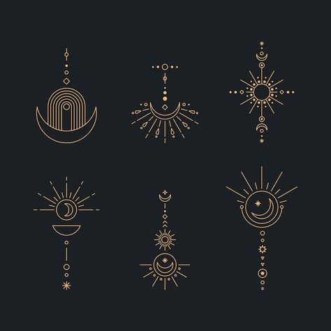 Premium Vector | Set of moon and sun line art minimal boho linear symbols celestial mystic element Croquis, Bodypainting, New Moon Symbol, Boho Moon Elements, Minimal Celestial Tattoo, Linear Sun Tattoo, Celestial Moon Art, Celestial Symbols Art, Art Deco Moon Tattoo