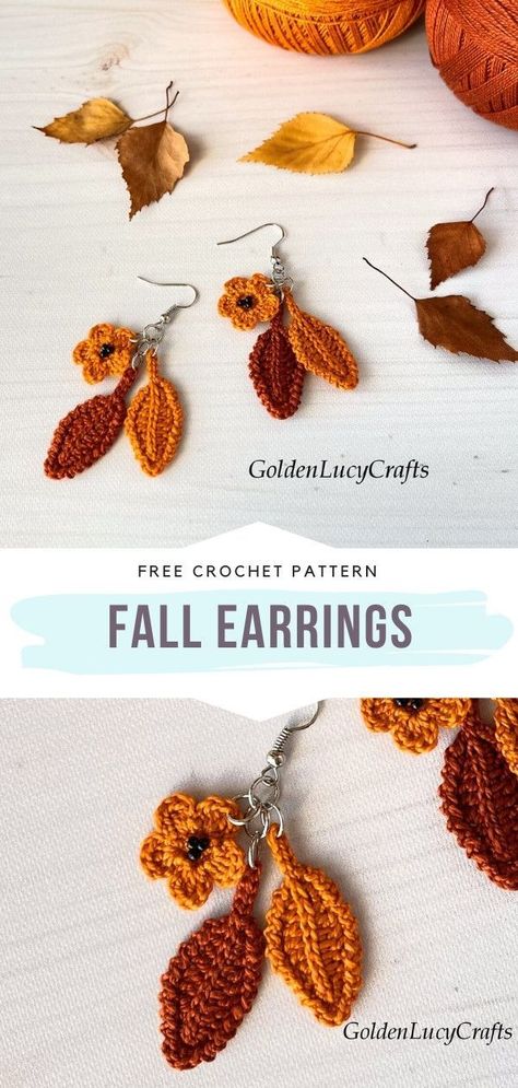 Halloween Crochet Earrings Pattern, Halloween Crochet Jewelry, Earring Crochet Pattern, Crochet Orange Flower, Crochet Pumpkin Earrings, Knit Projects To Sell, Crochet Halloween Earrings Free Pattern, Fall Crochet Projects Ideas, Crochet Leaf Earrings Free Pattern