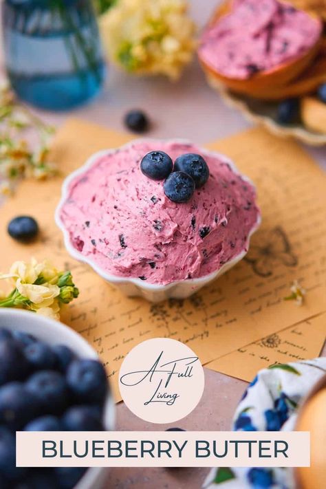 This Whipped Blueberry Butter is full of fresh blueberries in a light and fluffy spreadable butter with a hint of vanilla and lemon. It comes together in under 10 minutes with just 5 simple ingredients! Spread it over toast, muffins, pancakes, and more! Blueberry Butter Recipe, Blueberry Butter, Blueberry Simple Syrup, Spreadable Butter, Whipped Honey, Strawberry Butter, Flavored Butter, Berries Recipes, Awesome Recipes