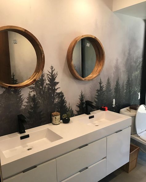 Peel and Stick Wallpaper on Instagram: “@makingastonehome used our Misty Forest Wall Mural in her bathroom. The mirrors that she chose really tie in the entire theme. ⁠ ⁠ ⁠ .⁠ .⁠…” Bathroom Decor Apartment Themes, Bathroom Forest, Forest Bathroom, Bathroom Wall Mural, Bathroom Mural, Wallpaper Bathroom, Forest Mural, Forest Wall Mural, Bathroom Themes