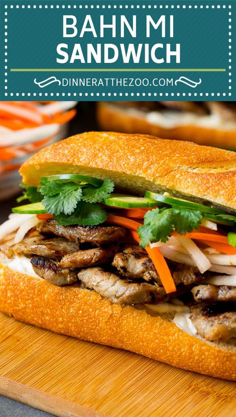 A Vietnamese bahn mi sandwich with layers of grilled pork, pickled vegetables and fresh herbs. #sandwich #pork #dinneratthezoo Bahn Mi Sandwich Recipe, Vietnamese Pork Roll, Bahn Mi Sandwich, Leftover Pork Chops, Vietnamese Sandwich, Vietnamese Pork, Banh Mi Sandwich, Bahn Mi, Pork Roll