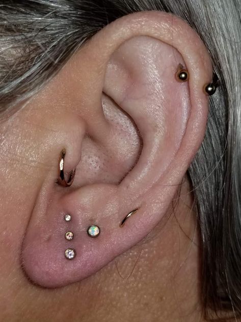 Piercings, Stacked Lobe, Triple, Ear, Titanium, Flat Back, Push Pin, Labret, 20 Gauge, Aurora Borealis, AB Crystals, Opal, Fire Opal Triple Stacked Lobe Piercing, Multi Lobe Piercing, Inner Lobe Piercing, Stacked Lobe Piercing, Stacked Lobe, Triple Lobe, Triple Lobe Piercing, Closet Clothes, Lobe Piercing