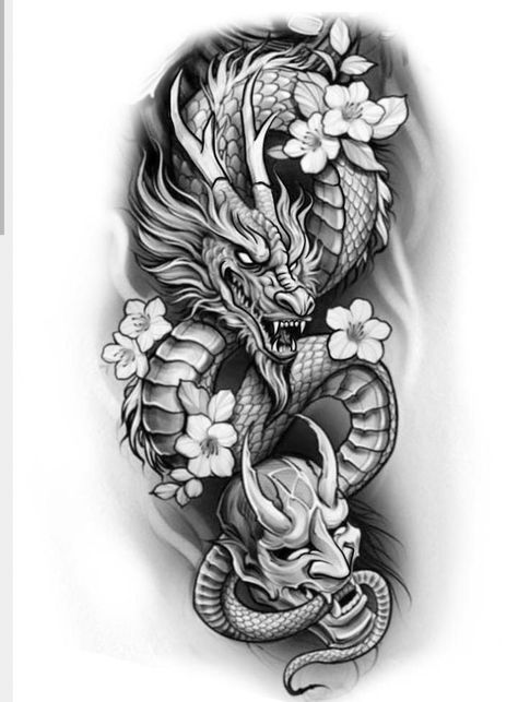 Dragon With Flowers, Dragon Tattoo Stencil, Tato 3d, Japanese Hand Tattoos, Dragon Tattoo Arm, Oni Mask Tattoo, Japanese Tattoos For Men, Dragon Tattoos For Men, Dragon Tattoo Art