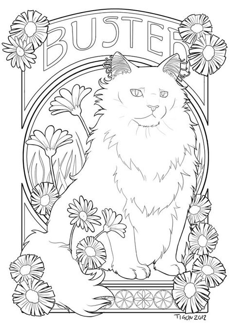 Art Nouveau Cat Tattoo, Digital Lineart, Art Nouveau Portrait, Art Nouveau Cat, Cat Coloring Pages, Cat Coloring, Art Nouveau Illustration, Dog Coloring Page, Cat Coloring Page