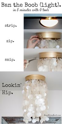 Inexpensive tips and tricks for updating a basic builder grade home. Luminaria Diy, Diy Luminaire, Diy Light Fixtures, Diy Lampe, Hemma Diy, Diy Chandelier, Capiz Shell, Overhead Lighting, Bright Ideas