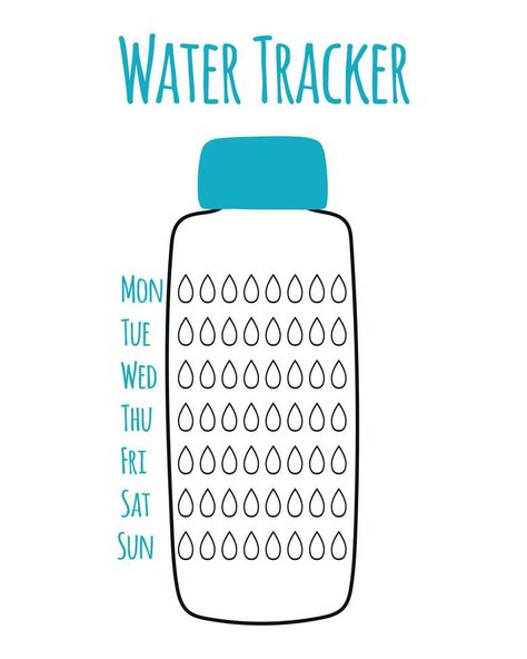 Vector water tracker template. Water control. Water drinking check sheet. Water tracker in the shape of a bottle. Vector illustration. Doodle style. Water Drinking Schedule, Water Tracker Template, Drink Water Quotes, Water Chart, Water Tracker Printable, Bullet Journal Savings, Filofax Organization, Water Journal, Water Intake Tracker