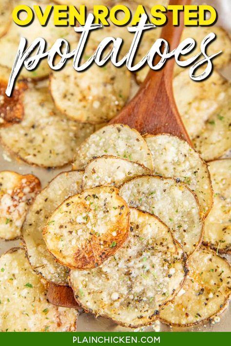 Easy Oven Roasted Potatoes Recipe – thinly sliced potatoes oven roasted with Italian seasoning and parmesan cheese – so good and crispy. My favorite way to make potatoes! Crispy on the outside and soft on the inside. This is a great side dish for a hectic weeknight or dinner party. Whip up a batch ASAP! Oven Sliced Potatoes Recipes, Cooking Potatoes In Oven, Roasted Sliced Potatoes In Oven, Crispy Sliced Potatoes In The Oven, Oven Sliced Potatoes, Sliced Potatoes In The Oven With Cheese, Simply Potatoes Recipes Diced, Potato Side Dishes Easy Oven, Sliced Potato Recipes