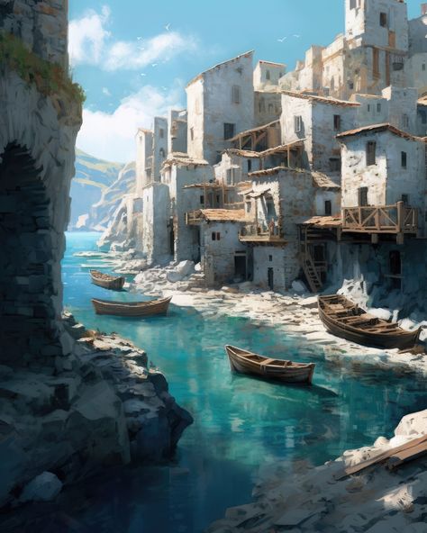 Isle Of Flightless Birds, Houses Nature, Illustration Environment, Village Drawing, Nathan Chen, Green Moon, Landscape Concept, Coastal Cities, Fantasy City